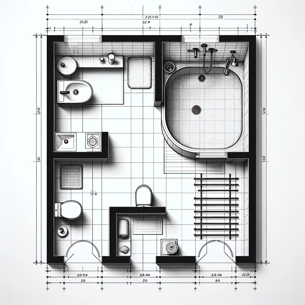 DALL·E 2024-02-20 03.12.56 - Design a minimalist bathroom layout plan with a top-down view. The plan should be in black and white, resembling an architectural technical drawing. I