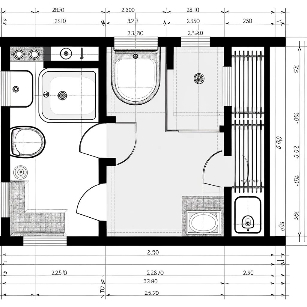 DALL·E 2024-02-20 03.14.32 - Design a minimalist bathroom layout plan with a top-down view, similar to a technical drawing used in architecture. The image should be in black and w